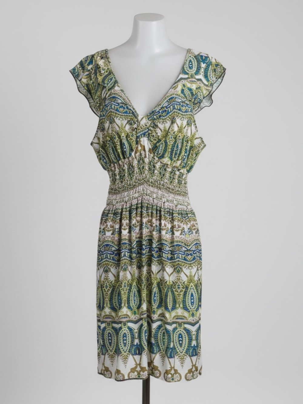 India Boutique Paisley Smocked Waist Dress in Green & Blue